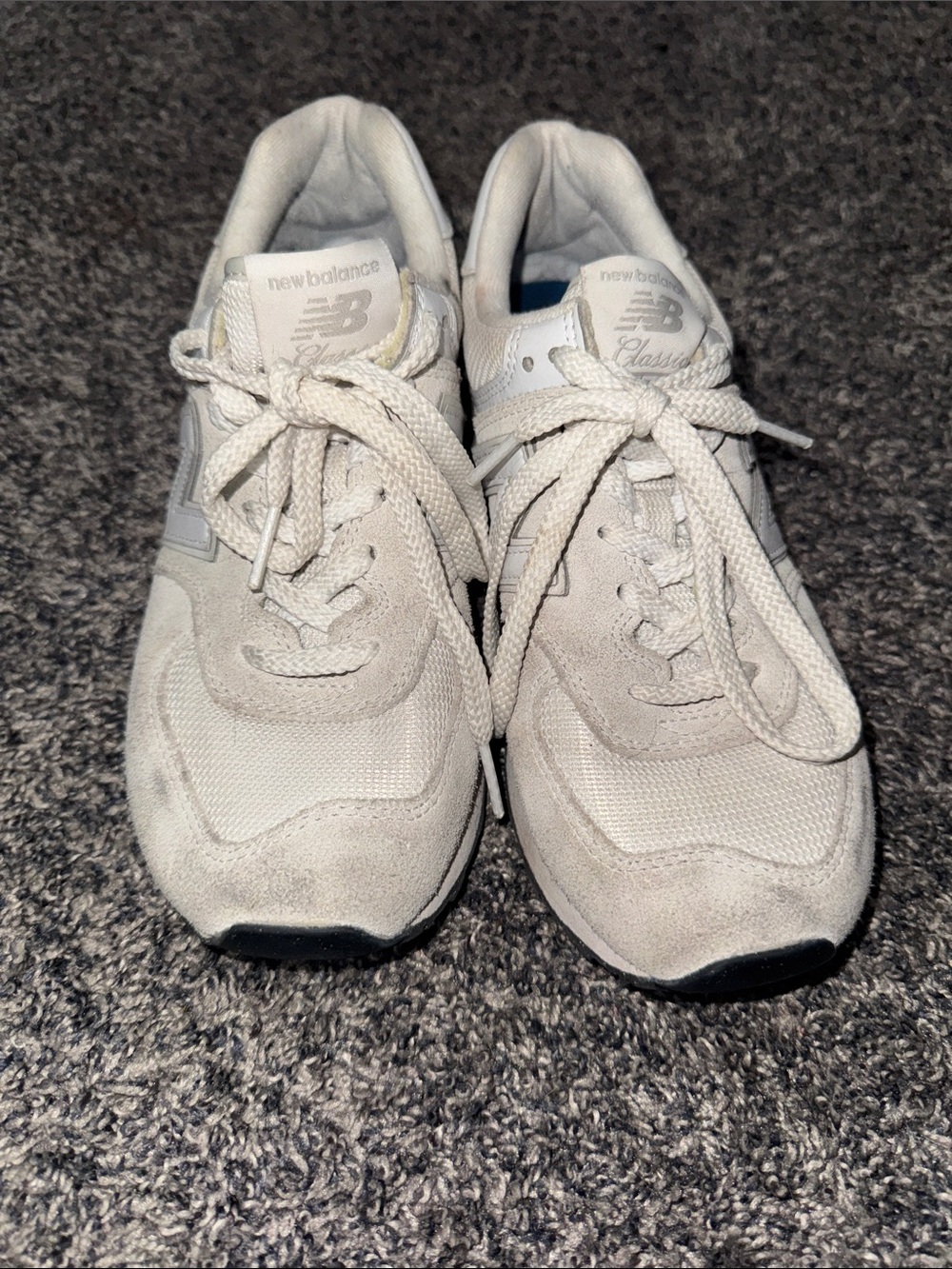 New Balance white and gray suede-mesh sneakers